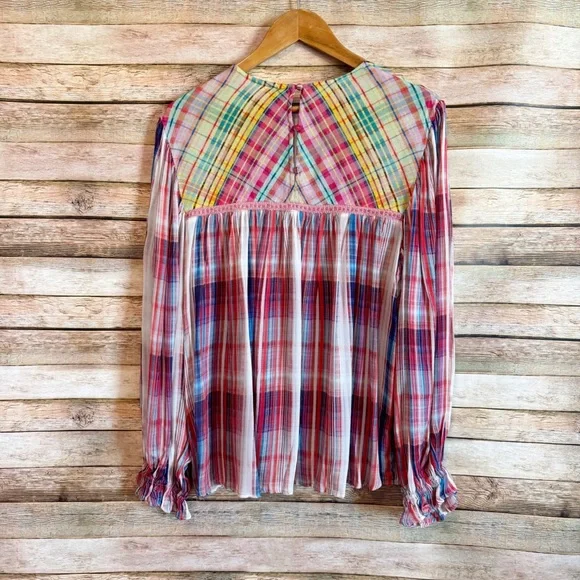 Blank London Women's Miranda Flowy Peasant Top in Rainbow Plaid Size Small - Picture 8 of 9